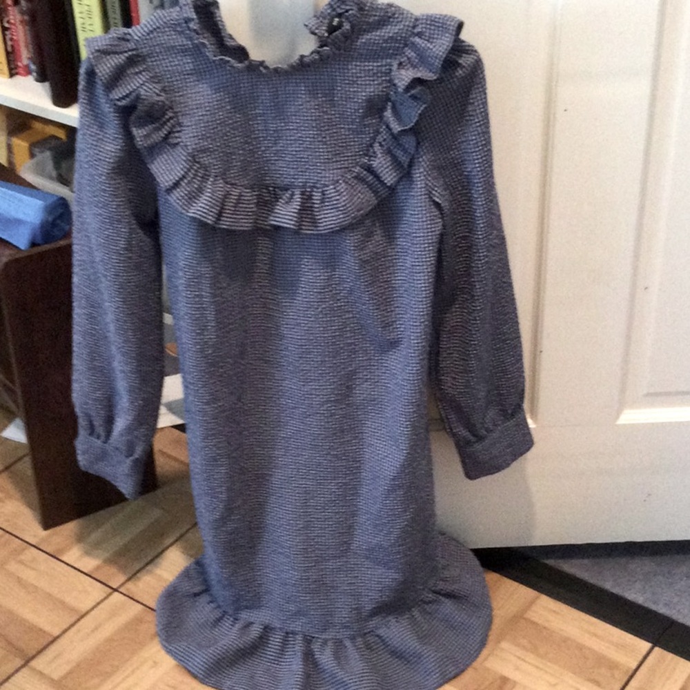 Blue checkered long sleeved collared shift dress, small.